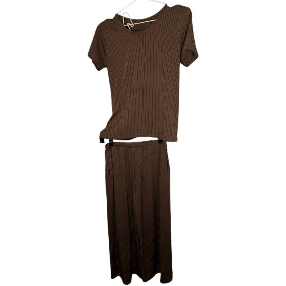 ribbed short sleeve top and wide leg pants lounge set brown women's - Picture 1 of 5